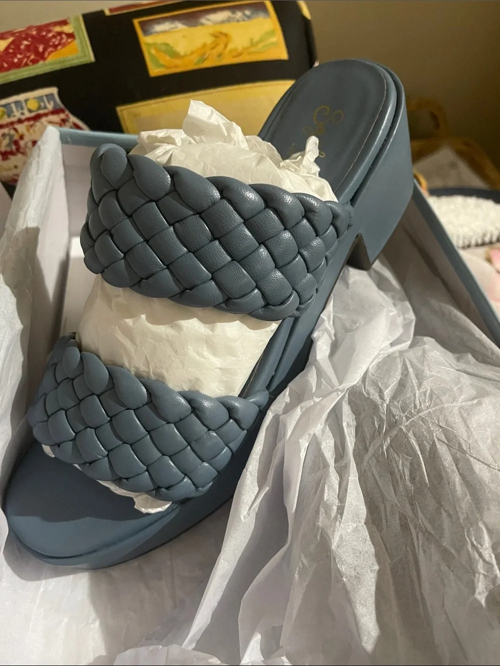 Seychelles blue braided leather heeled slip on sandals new in box 10 m